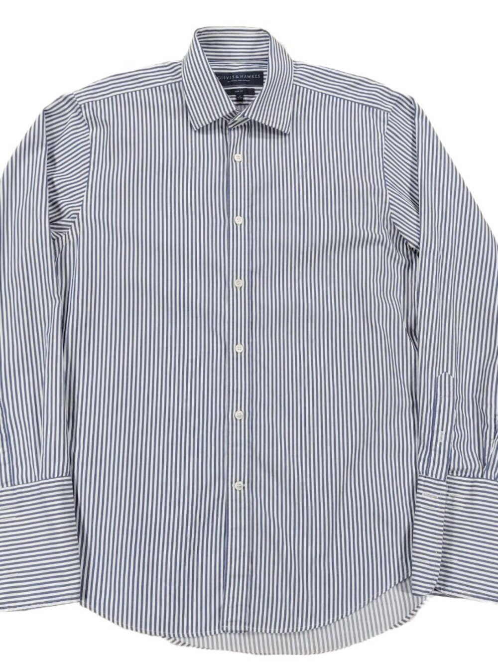 Gieves and Hawkes Button Up Shirt Mens Sz 16, New Fit, French Cuff, Navy Striped